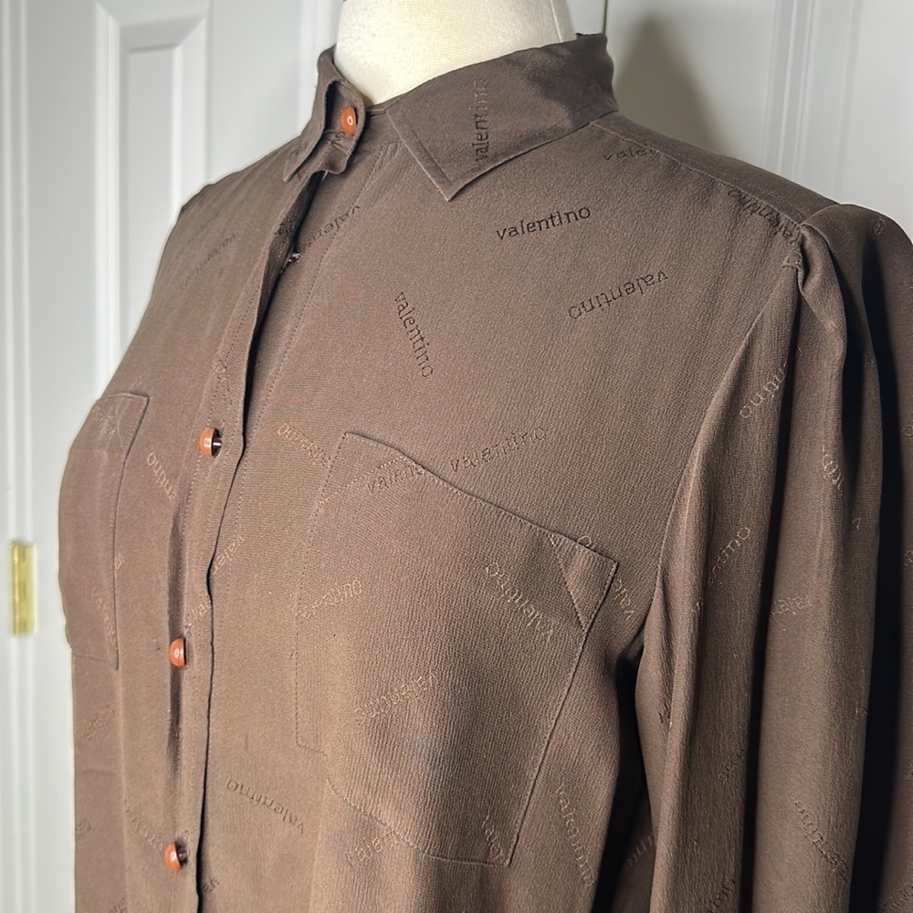 Vintage Valentino Silk Logo Embossed Bubble Sleeve Blouse Sz10 - Picture 2 of 12